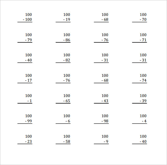 subtracting-from-zero-worksheets