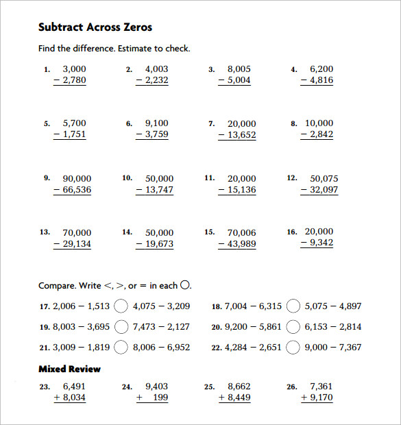 11+ Sample Subtraction Across Zeros Worksheets  Sample Templates