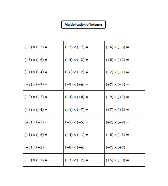 multiplying integers horizontal worksheet pdf