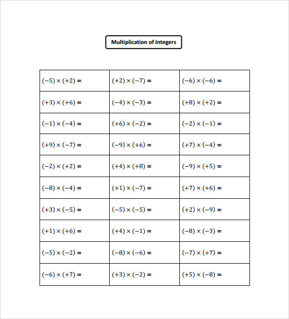 9 Multiplying Integers Horizontal Worksheet Templates to Download