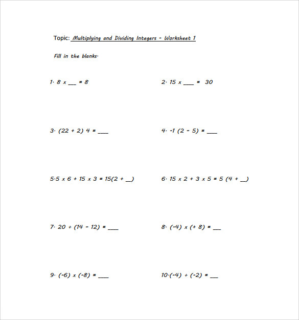 9 Multiplying Integers Horizontal Worksheet Templates to 