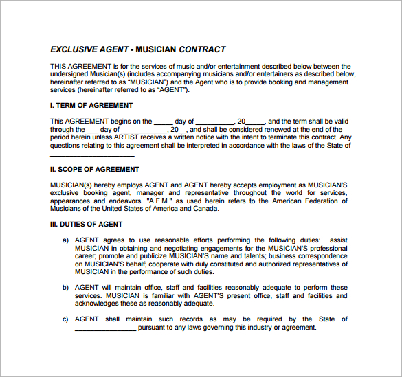 music booking agent contract pdf template free download