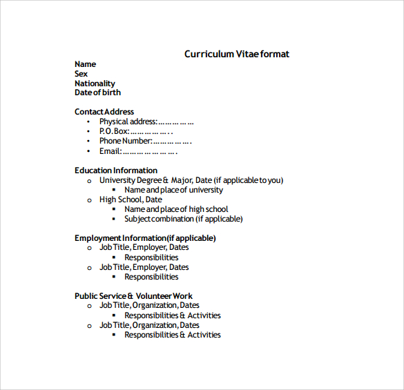 job curriculum vitae format Sample 27  Samples Templates   CV