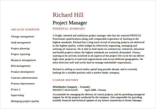 project manager cv template download