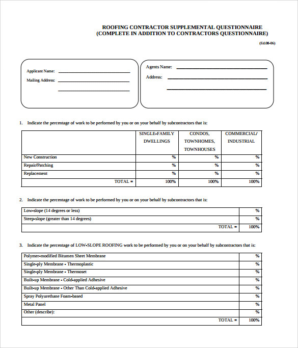 roofing contractor template questionnaire 