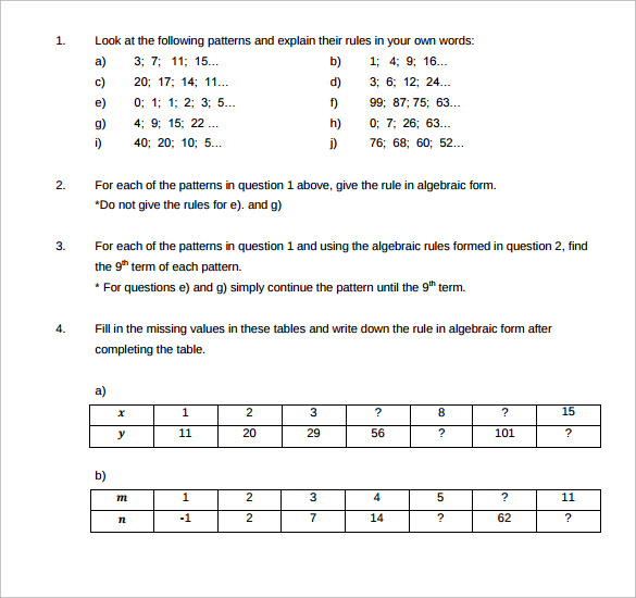 numeric pattern worksheet