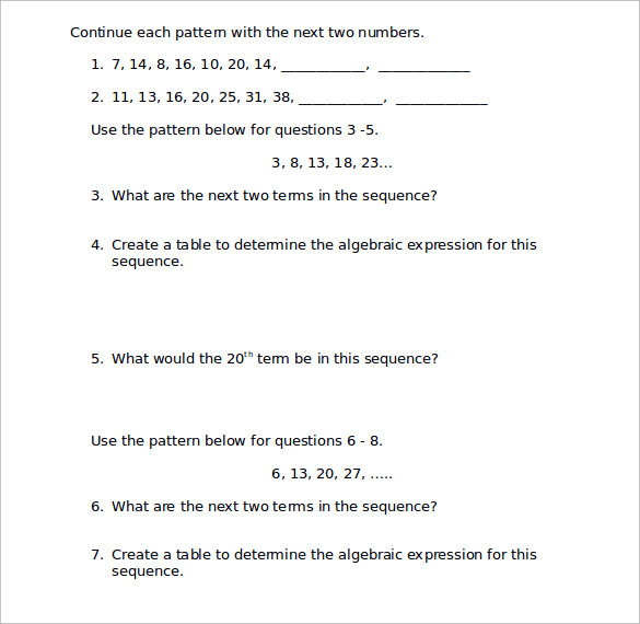 algebraic pattern worksheet