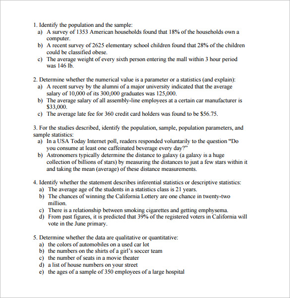 sample statistics worksheet