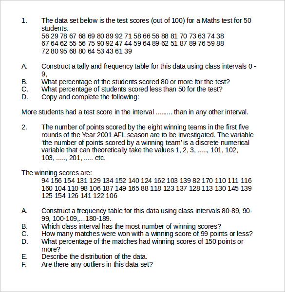 statistics worksheet word format