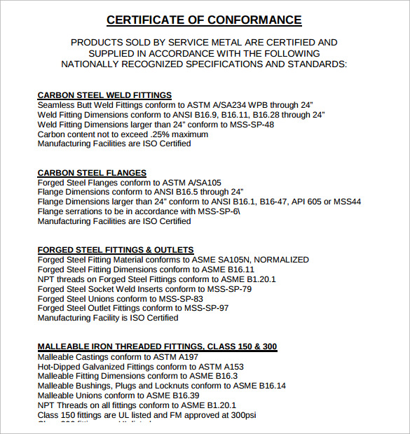 simple certificate of conformance