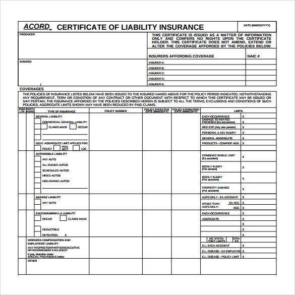 Certificate Of Liability Insurance Form Template