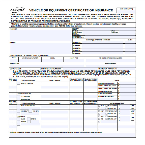 acord certificate of insurance template to print
