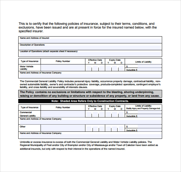 certificate of insurance template pdf
