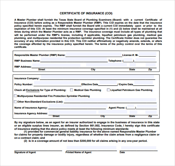 printable certificate of insurance template