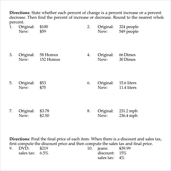 Percentage Increase And Decrease Worksheet