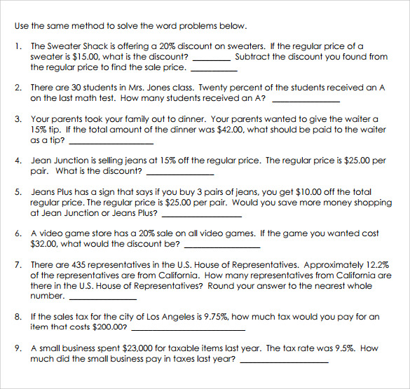 percents word problem worksheet