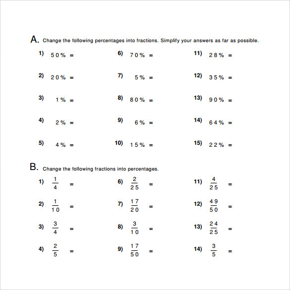 percentages fractions worksheet