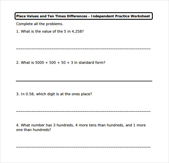 place value worksheet example