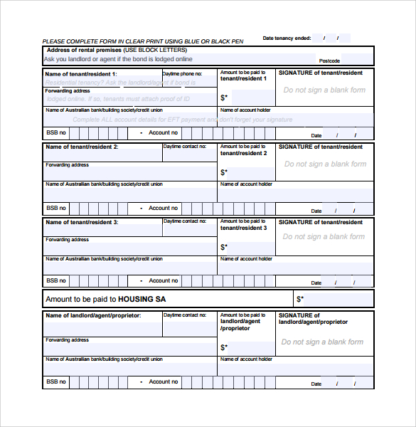 tenant bond release form template