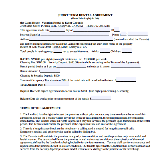 short term rental contract form sample download