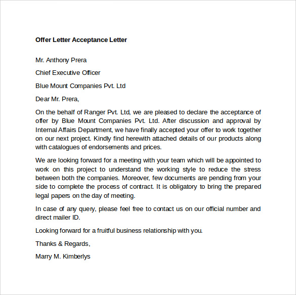 Sample Offer Letter Templates 11 Free Examples Format