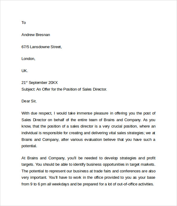 sample offer letter format