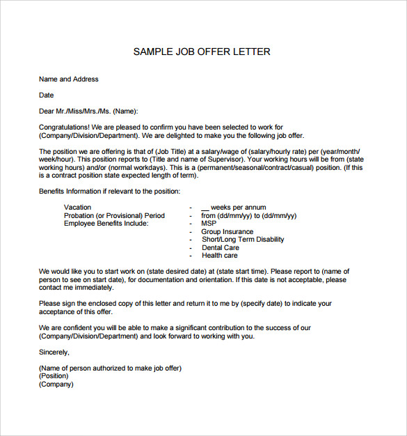 sample job offer letter pdf