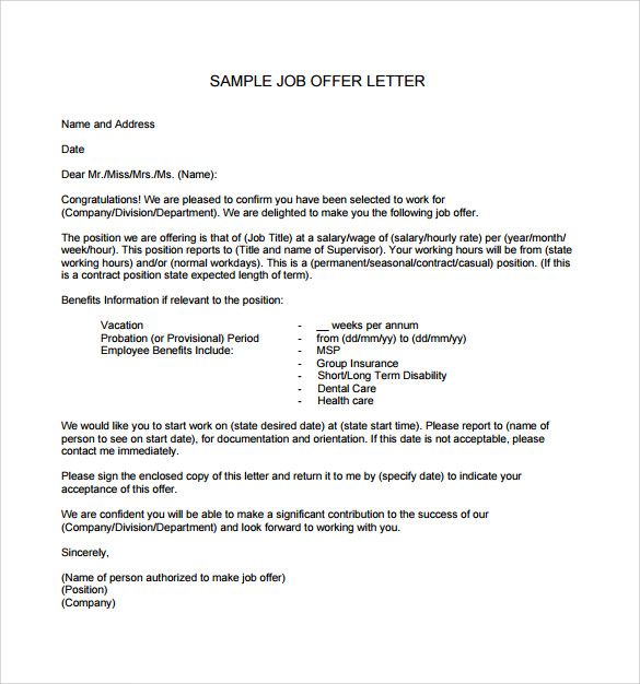 Free Sample Offer Letter Templates In Ms Word Pages Google Docs