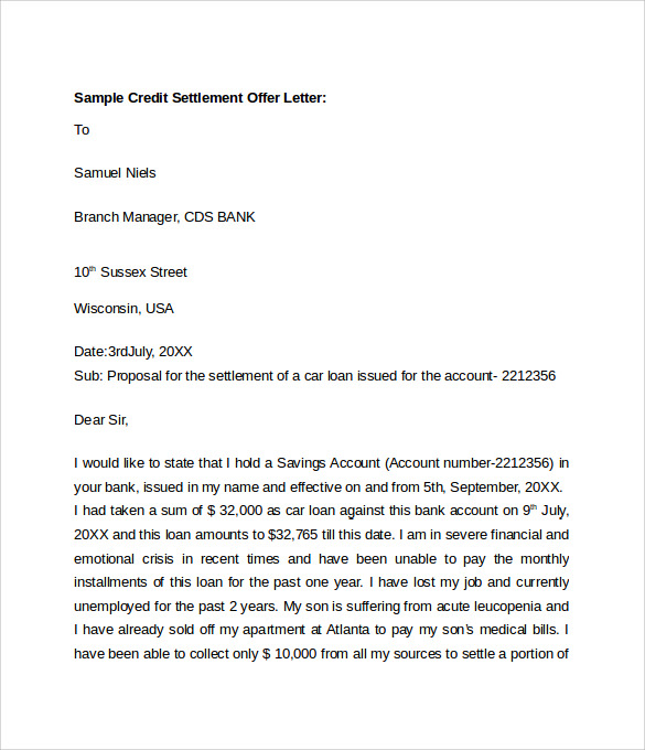 sample credit settlement offer letter
