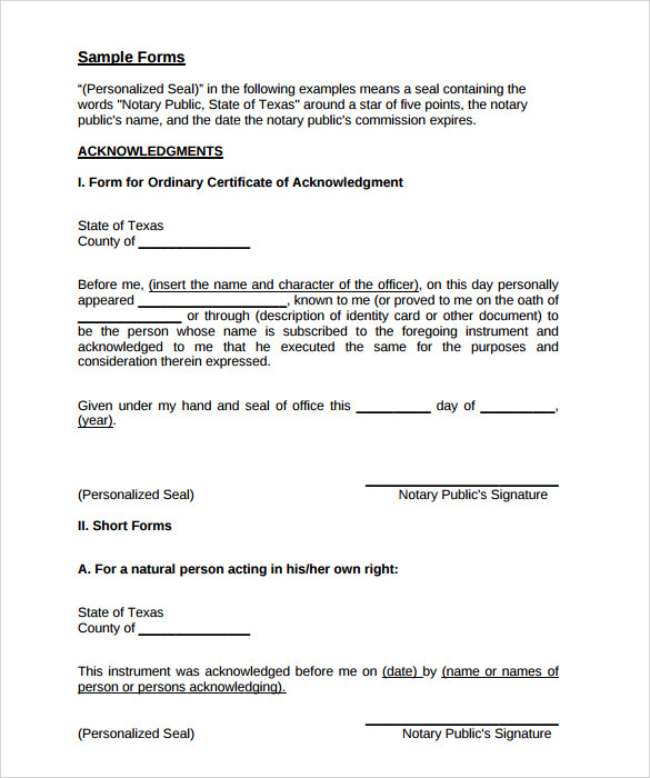 sample notary form statement