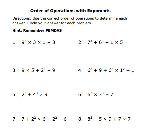 order of operations worksheet with exponents