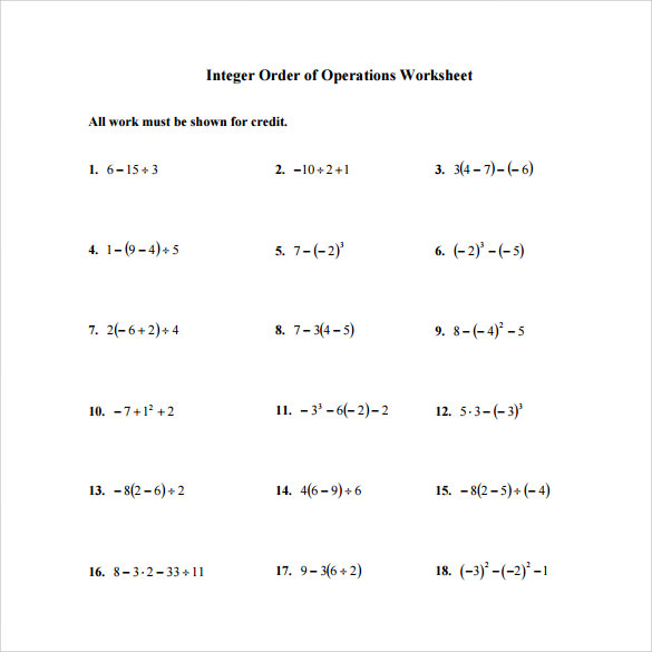 integer order of operations worksheet