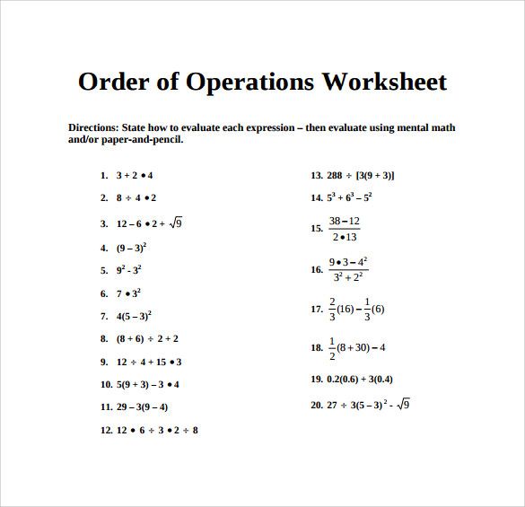 FREE 11 Sample Order of Operations Worksheet Templates In PDF