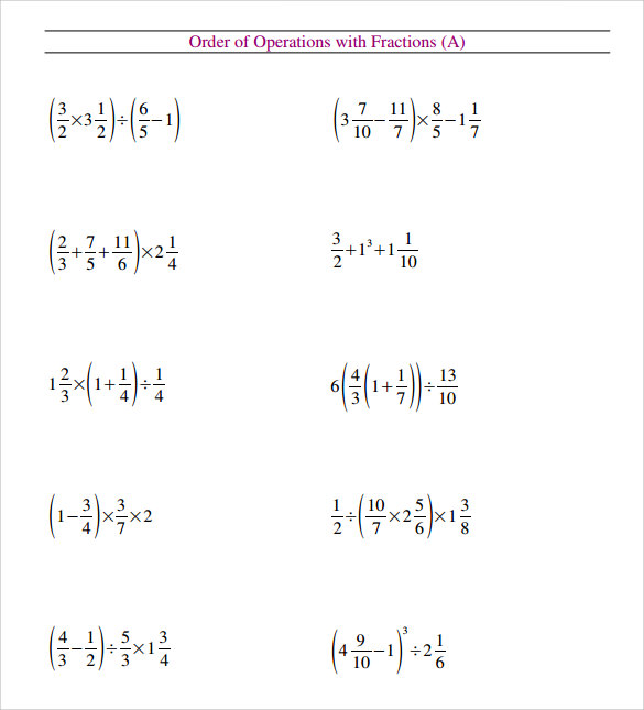 order of operations fractions worksheet