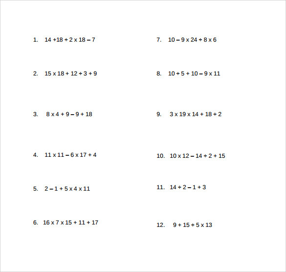 printable order of operations worksheet