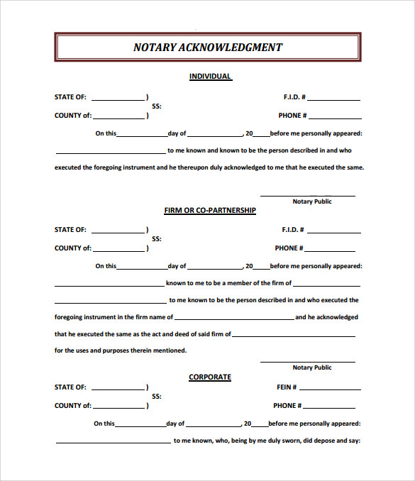 sample notary ackowledgement form