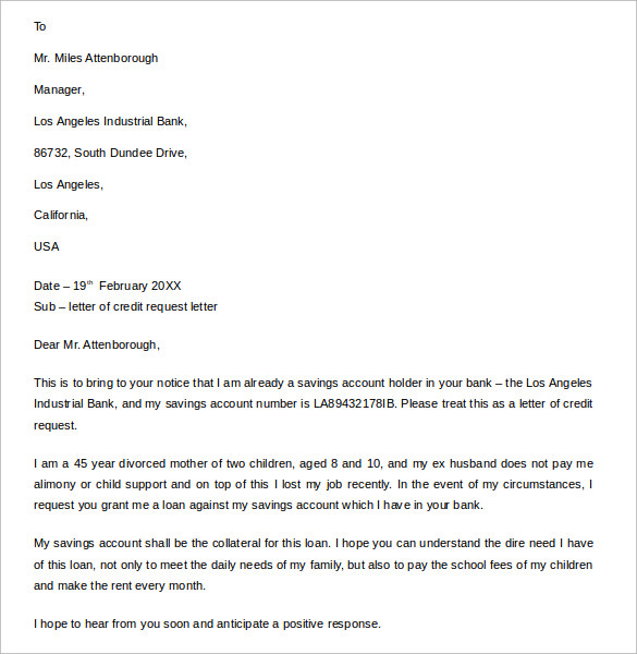 letter of credit request letter