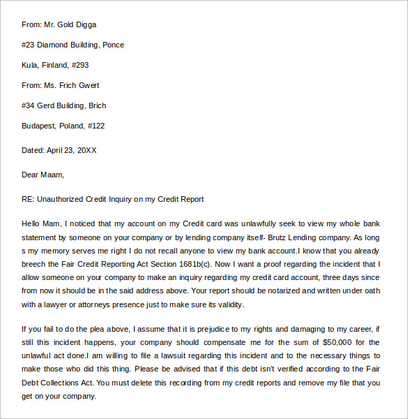 credit inquiry removal letter