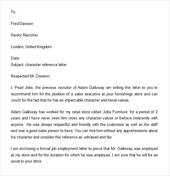 example of character reference letter
