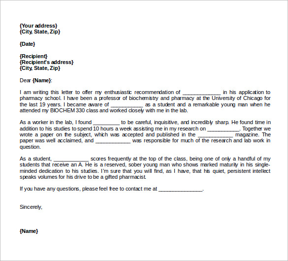 pharmacy school recommendation letter to download for free