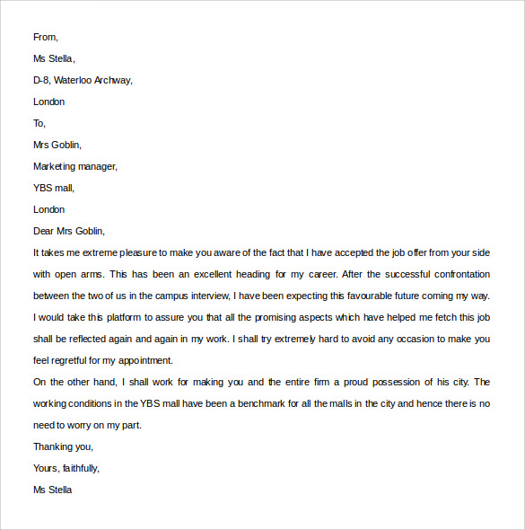 printable job acceptance letter to download