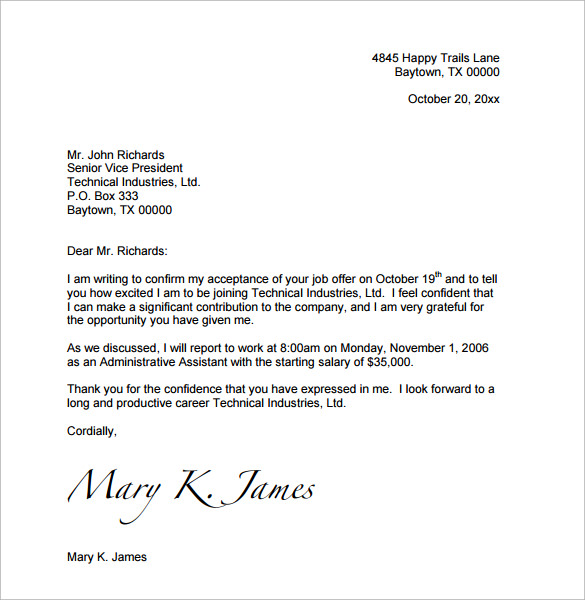 Job acceptance letter 3000: acceptance letter example.