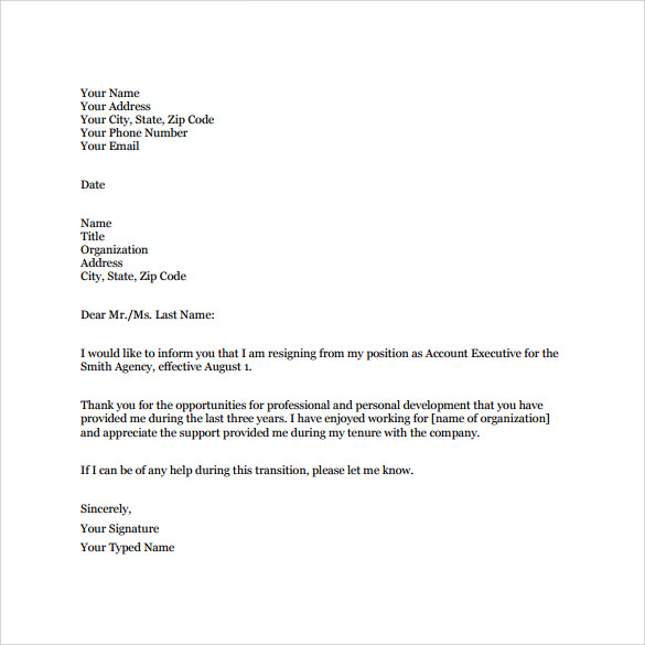 professional resignation letter download for free