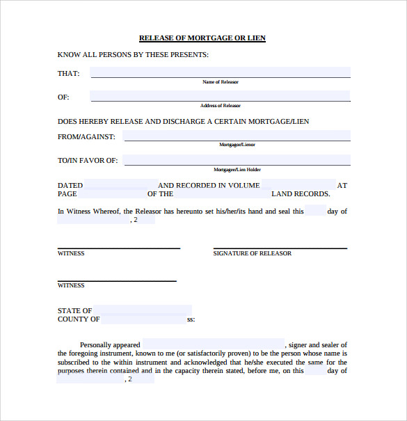 Release Of Mortgage Form