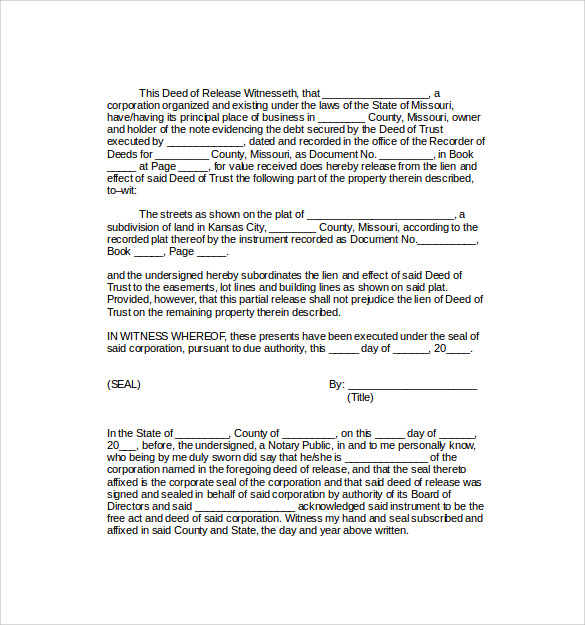 deed of release form missouri word template free download