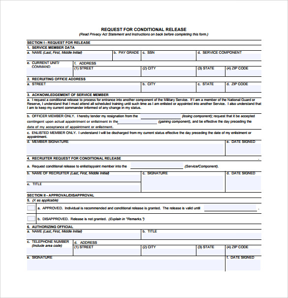 conditional release form army free download