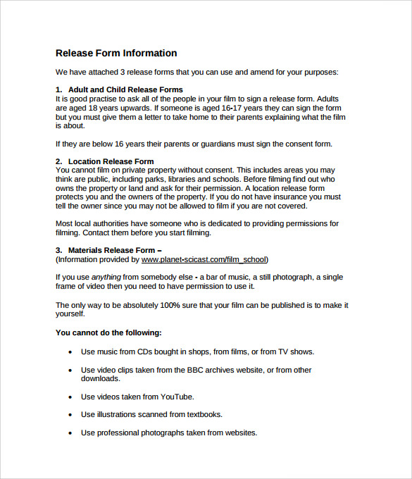 example of film release form template