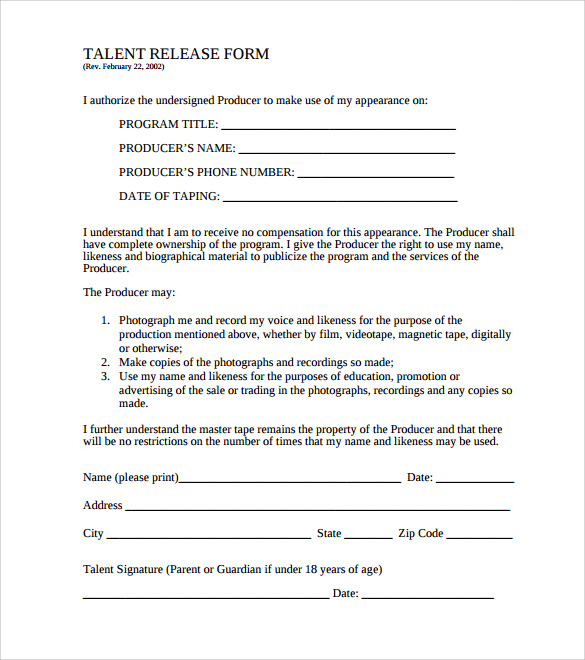 free film talent release form template