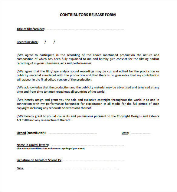 film contributor release form template to download