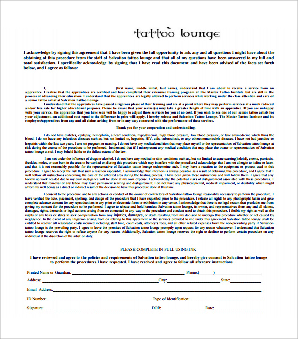 free tattoo lounge form sample pdf